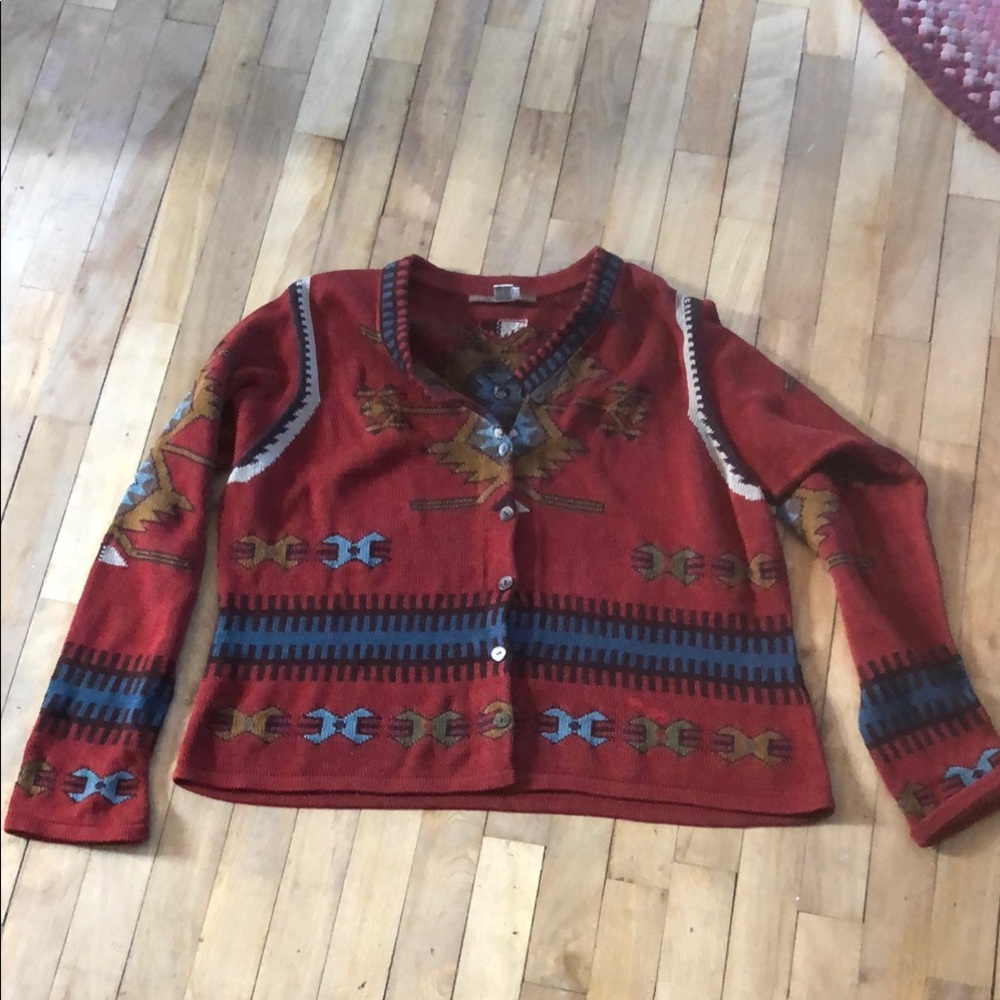 Peruvian Connection Red and Blue Cardigan Sweater